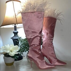 Feathered Pink Satin Heeled Boots with Stiletto Heel